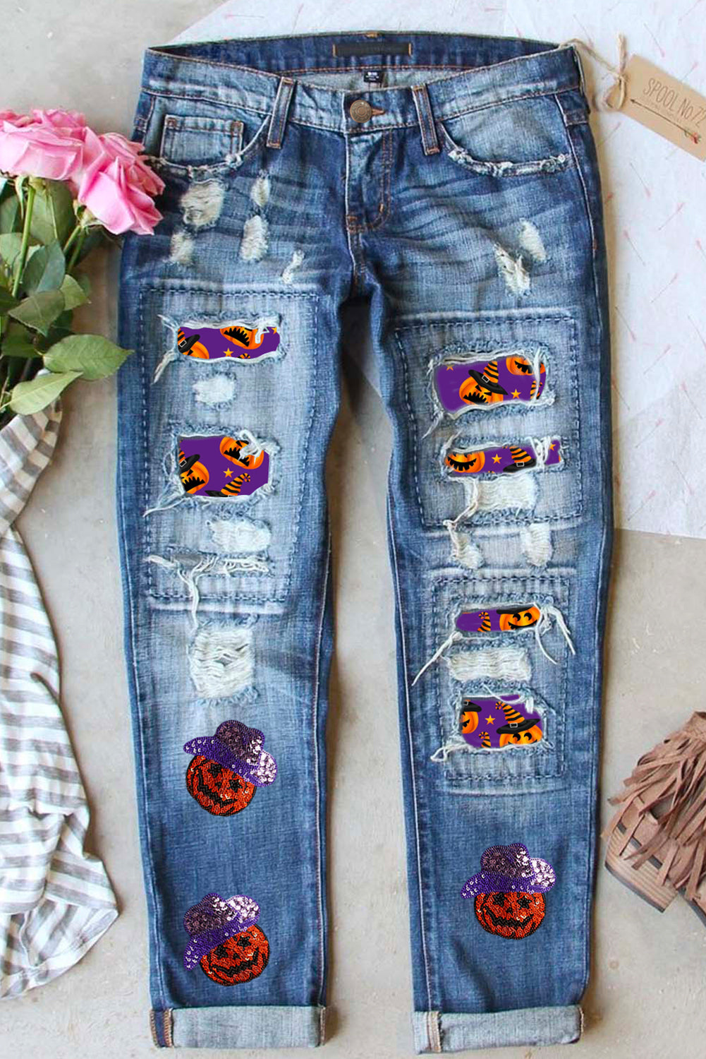 Sequin Pumpkin Patched Distressed Straight Leg Jeans