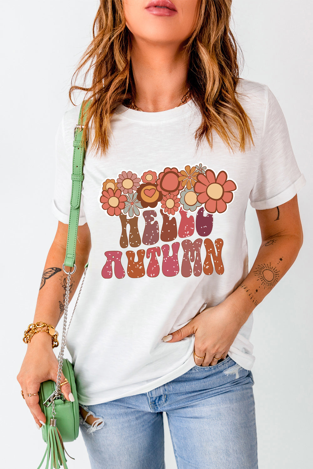 Floral HELLO AUTUMN Printed Crewneck T Shirt