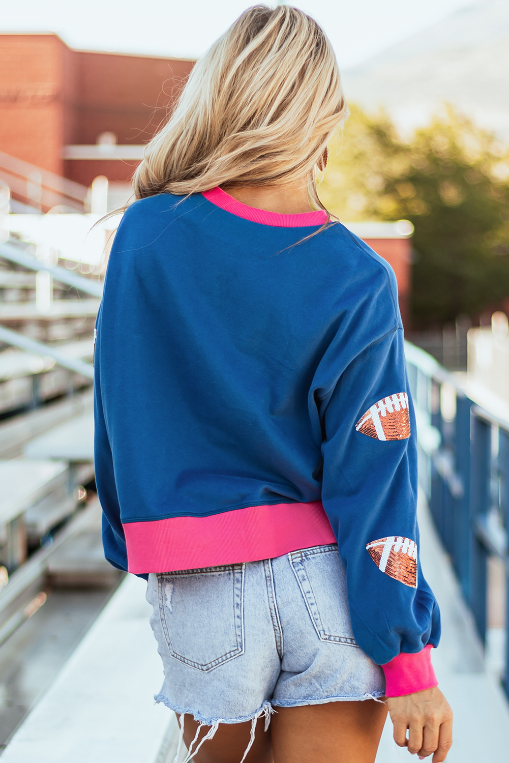 Blue Sequin Football Color Block Bubble Sleeve Sweatshirt