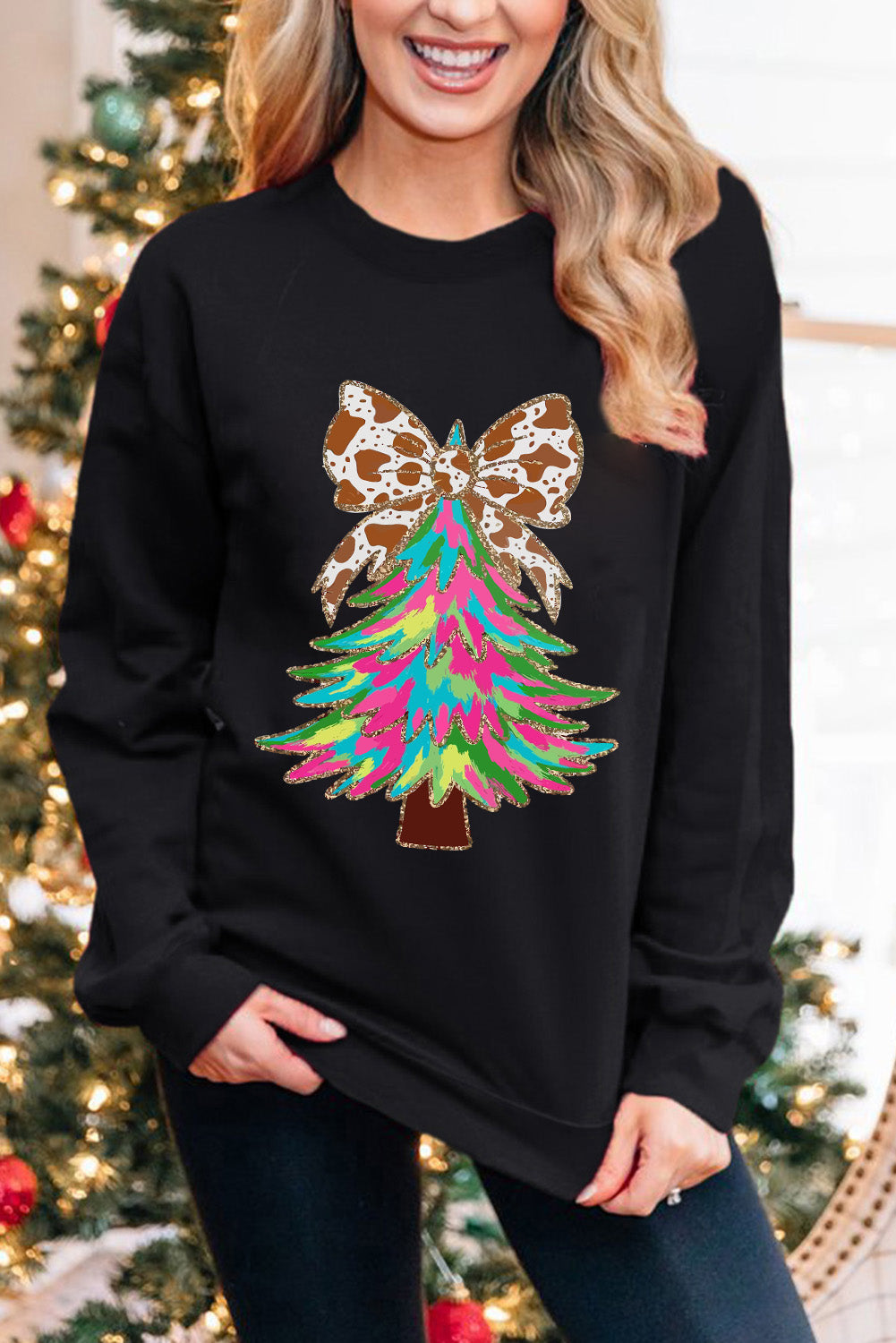 Bowknot Christmas Tree Shiny Graphic Sweatshirt