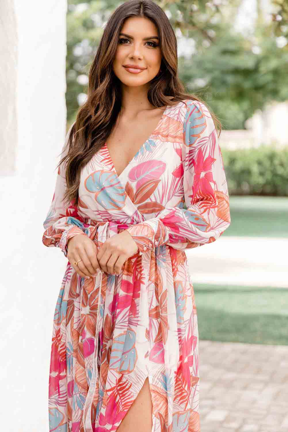 Tropical Plant Print Long Sleeve Wrap V-Neck Slit Maxi Dress