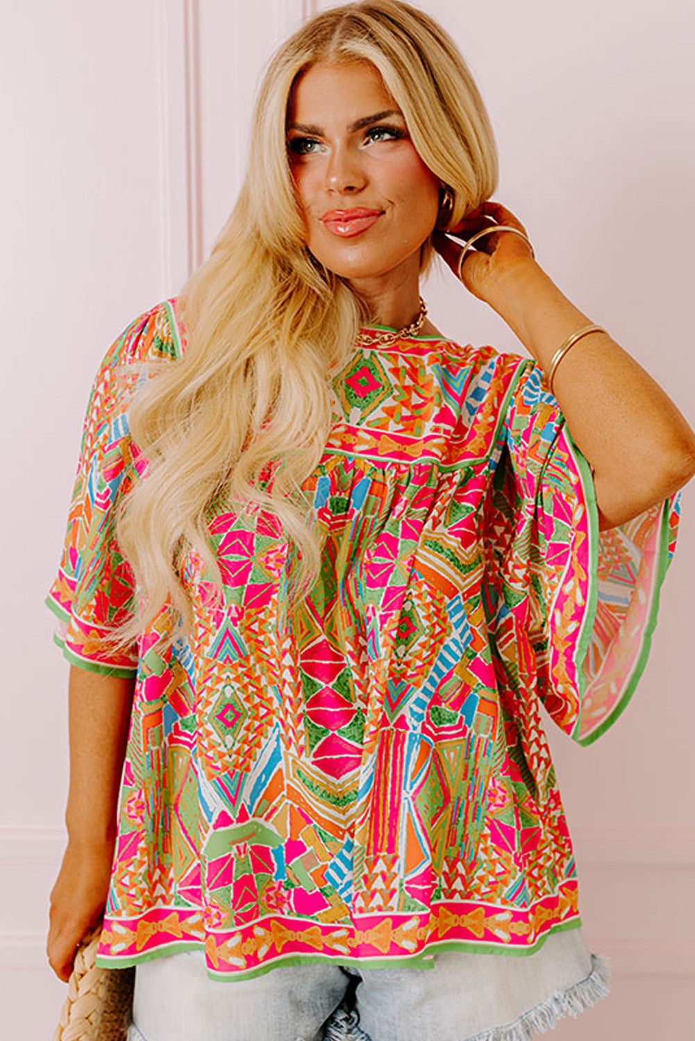 Cute Fashion Printed Wide Sleeve Plus Size Blouse