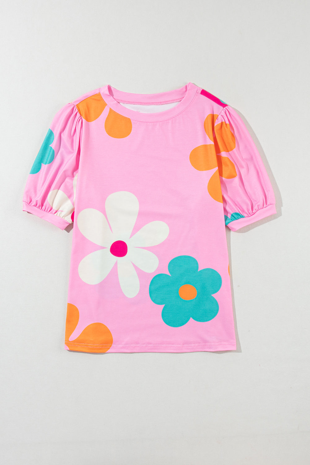 Sky Blue Flower Print Bubble Sleeve Tee