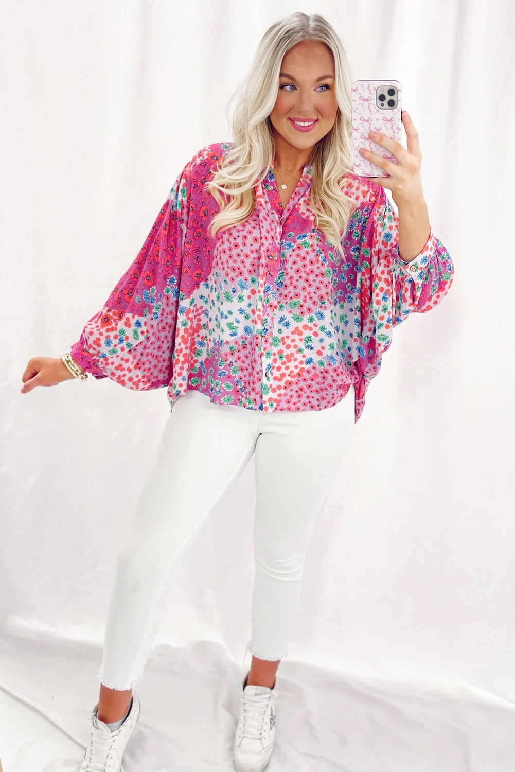 Floral Allover Print Buttoned V Neck Oversized Shirt