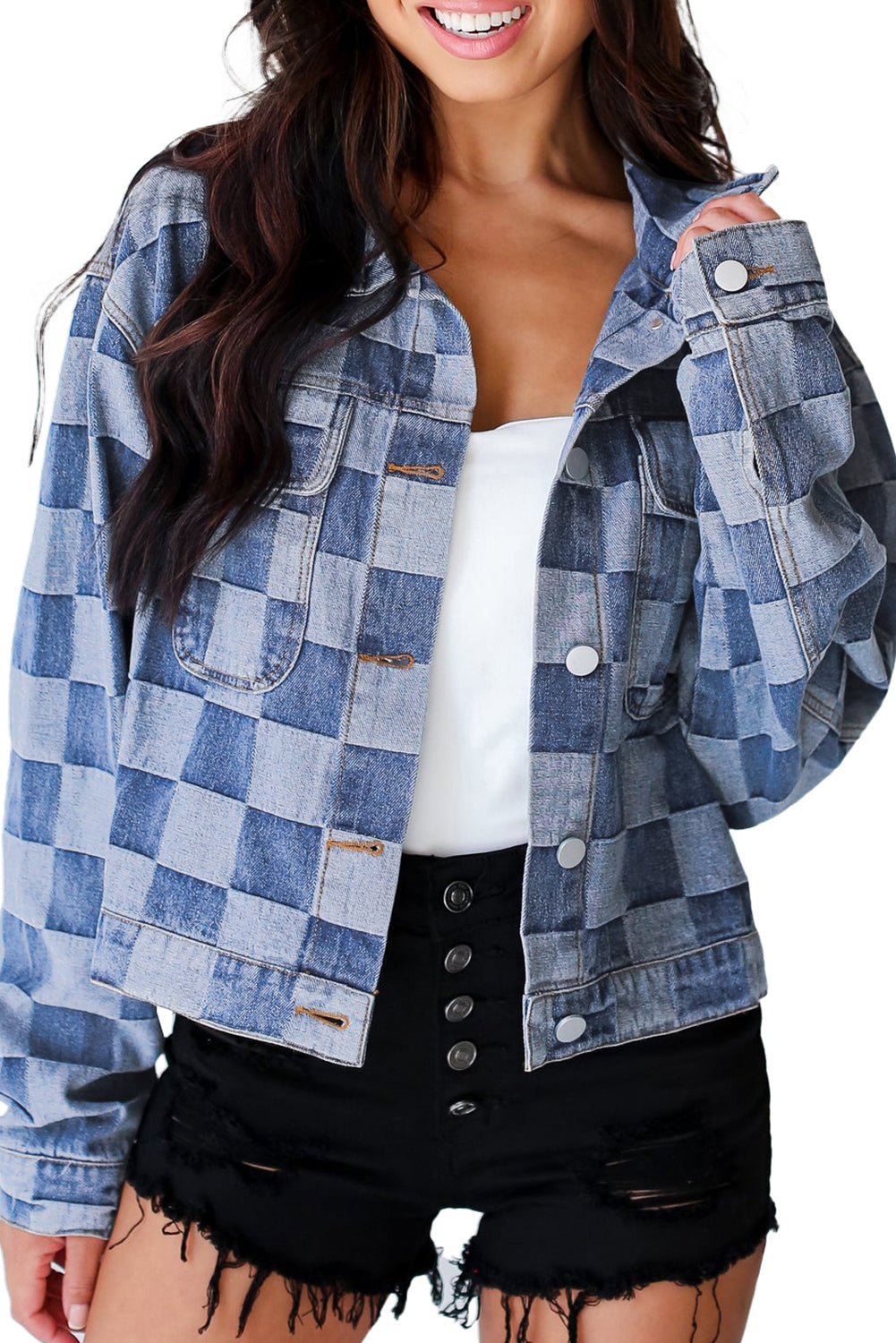 Checkered Patchwork Button up Denim Jacket