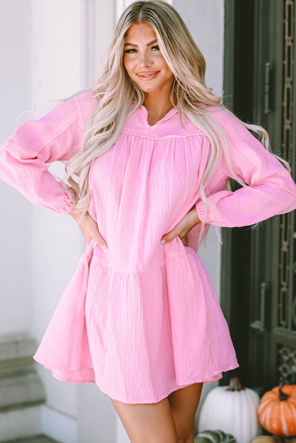 Pink Turn-down Neck Textured Bubble Sleeve Dress