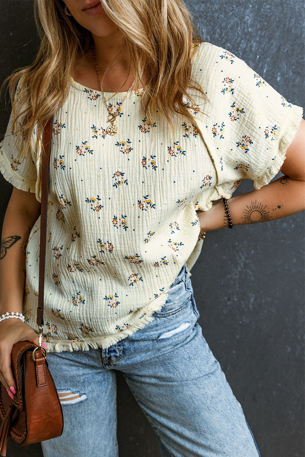 Floral Detail Fringe Trimming Textured Top