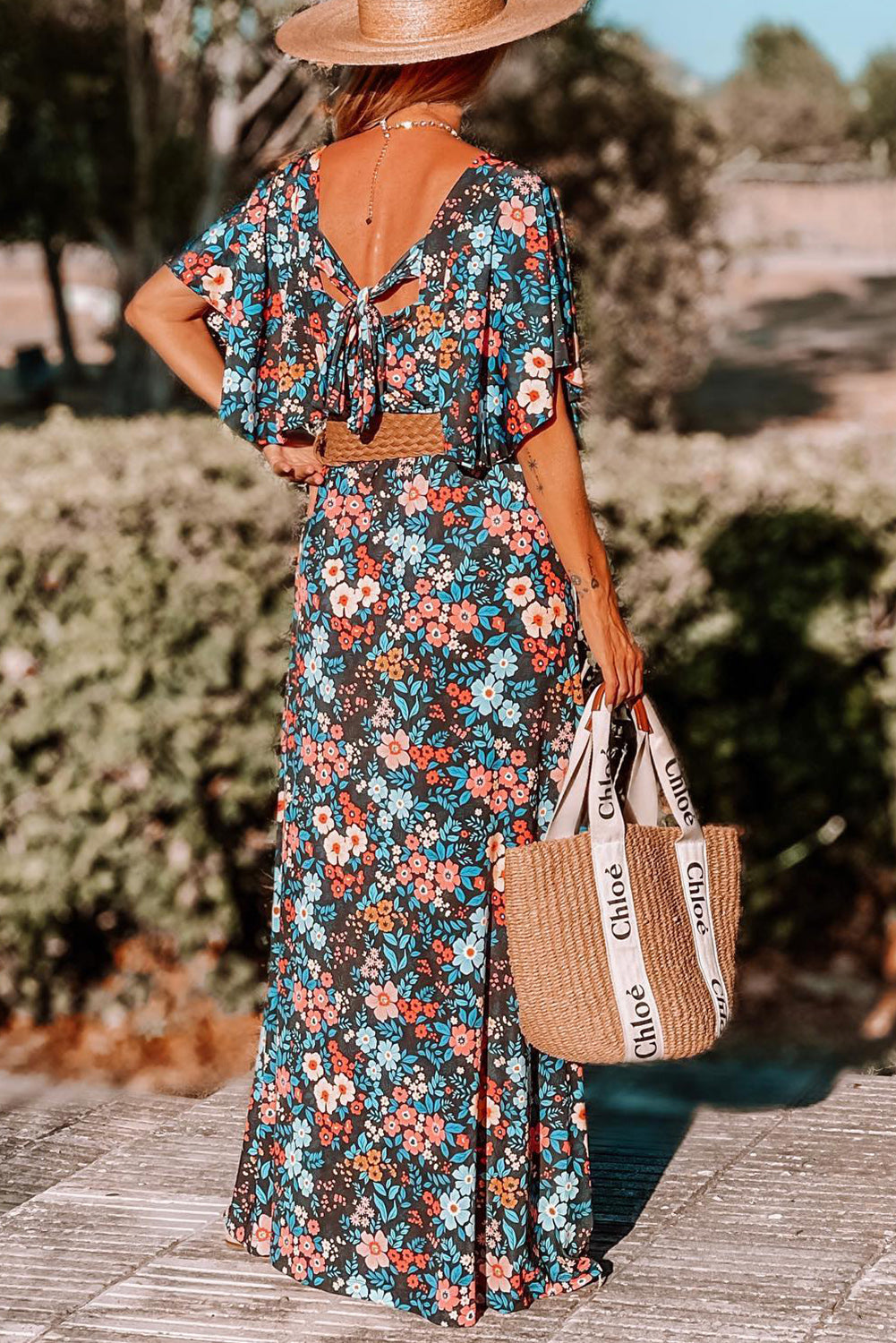 Floral Knotted Back Square Neck Maxi Dress