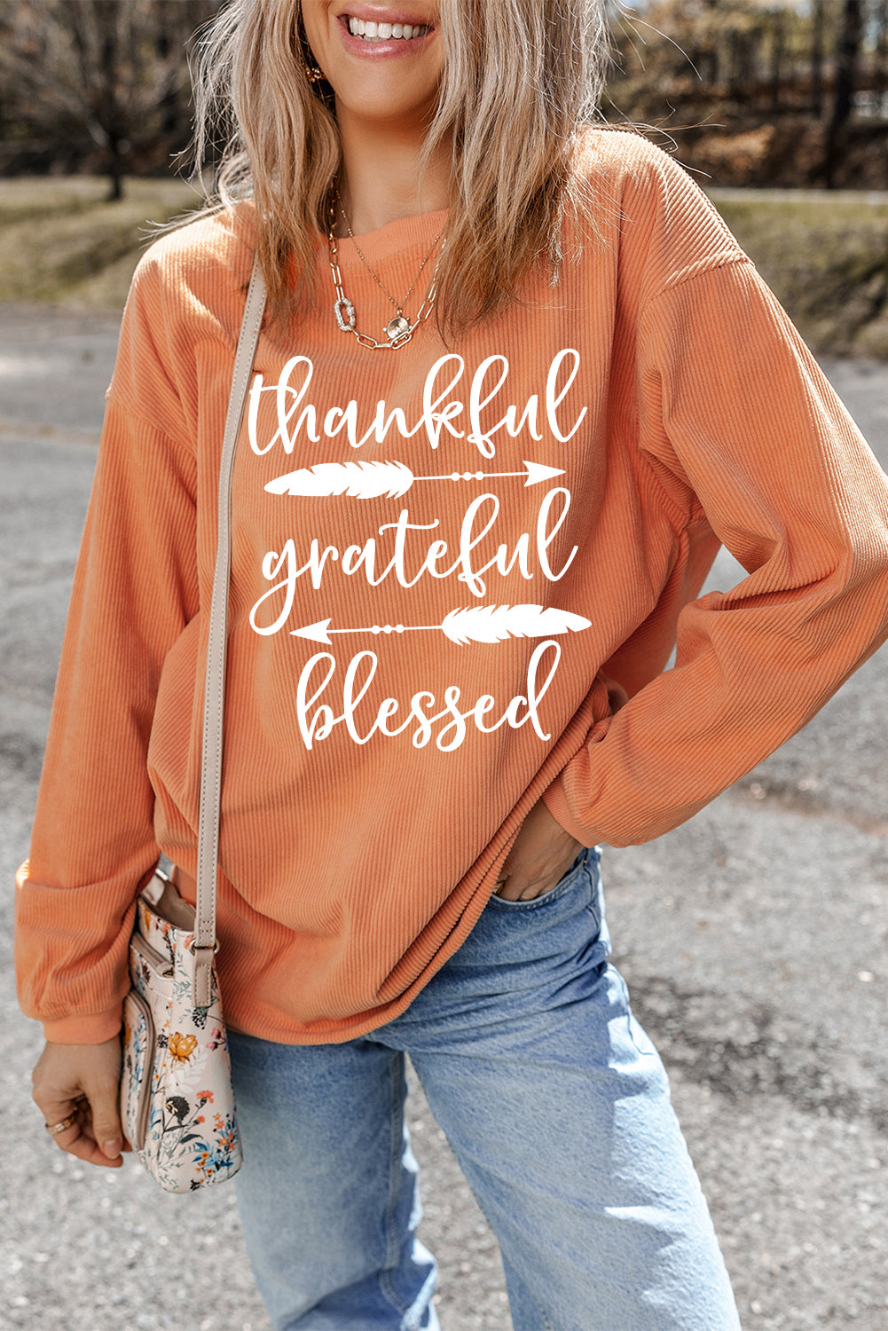 Thankful Grateful Blessed Arrow Graphic Corded Sweatshirt