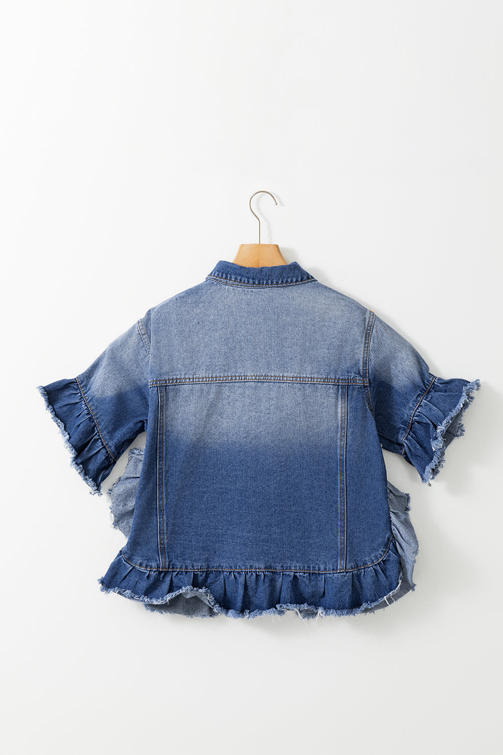 Raw Edge Ruffled Short Sleeve Denim Jacket