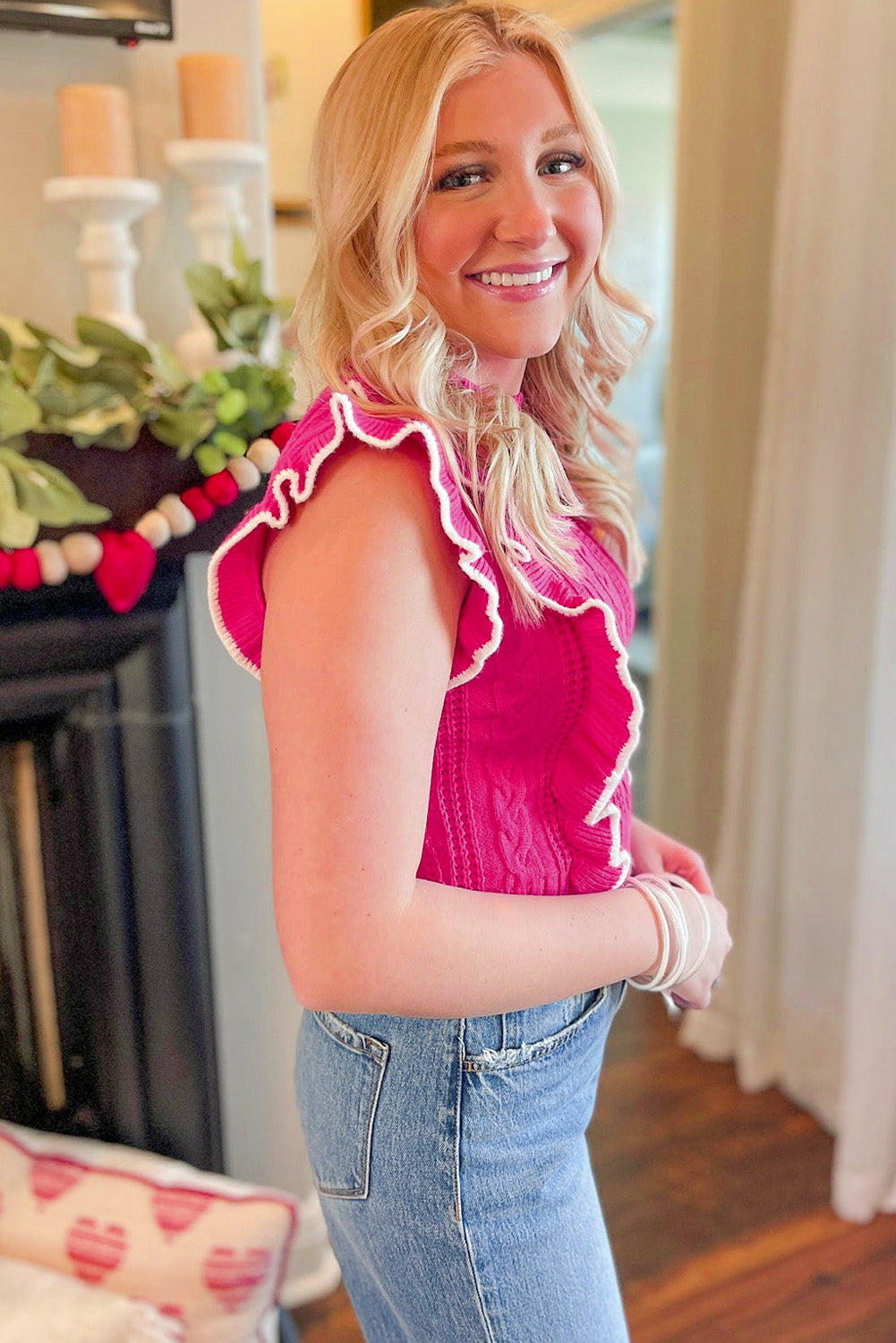 Strawberry Pink Textured Knit Ruffled Mock Neck Sweater Tank