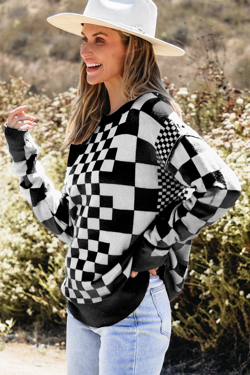 Checkered Print Drop Shoulder Round Neck Sweater