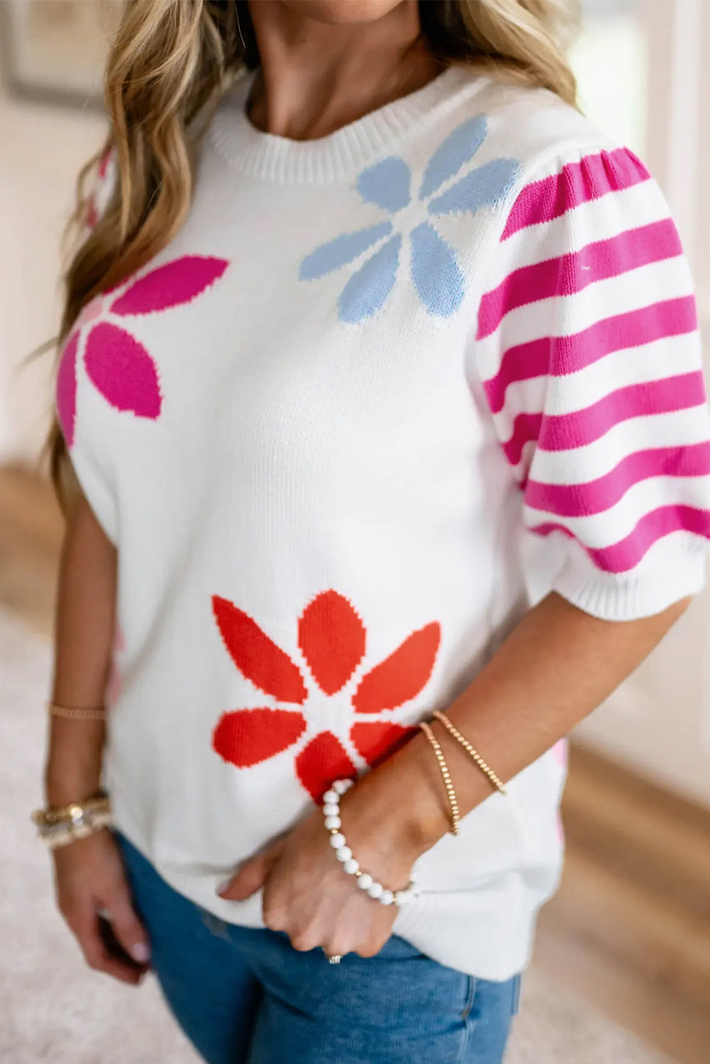 Floral Pattern Striped Sleeve Sweater T Shirt