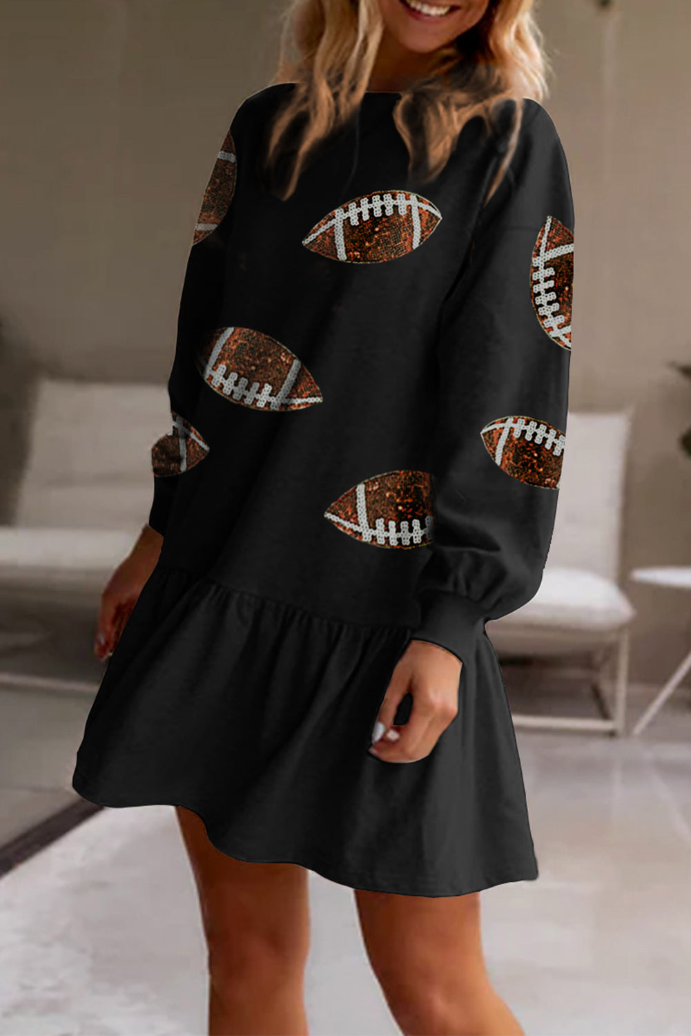 Black Game Day Sequin Football Pattern Ruffled Short Dress