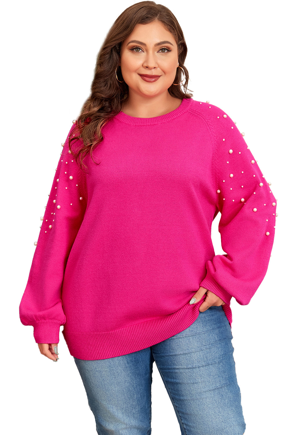 Pearled Decor Raglan Sleeve Plus Size Sweater