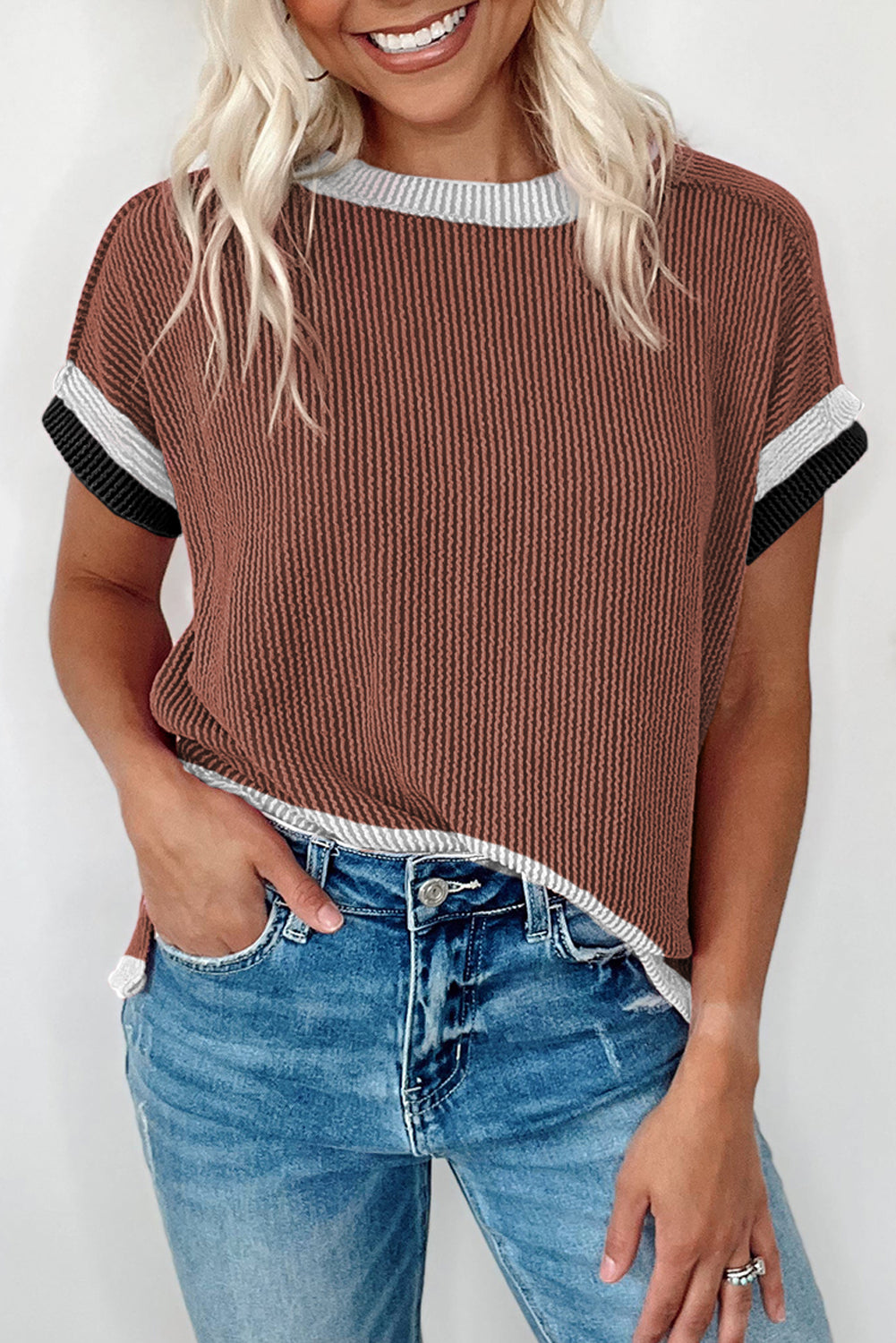 Light Pink Textured Contrast Trim Round Neck T Shirt