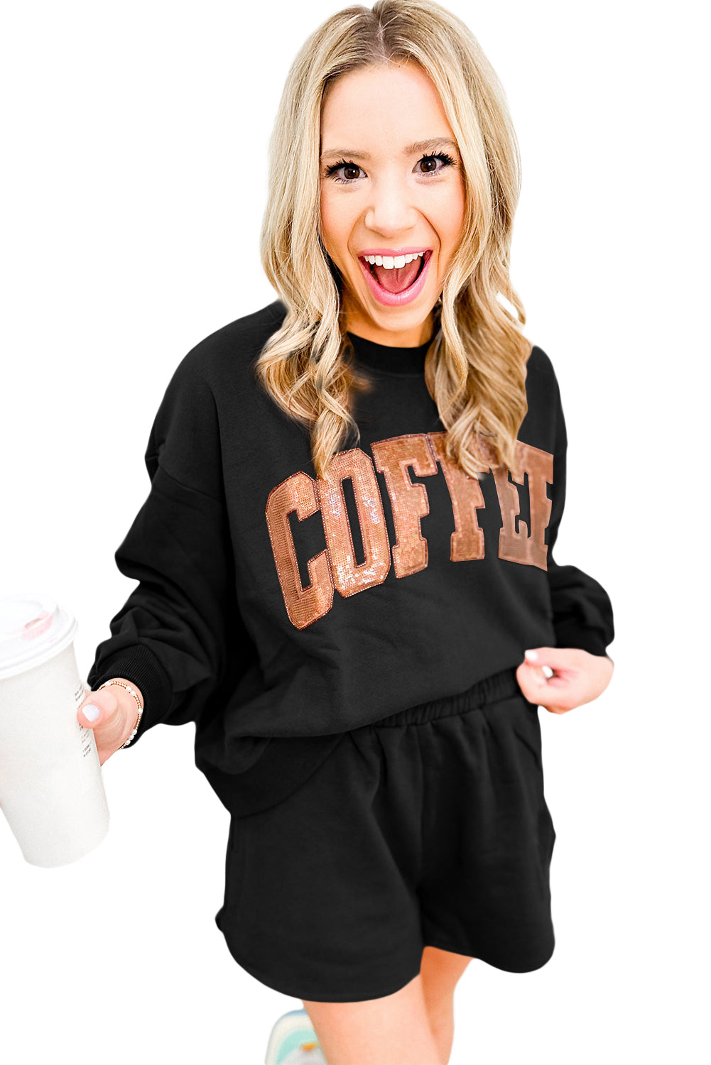 Sequined COFFEE Loose Fit Sweatshirt and Shorts Set