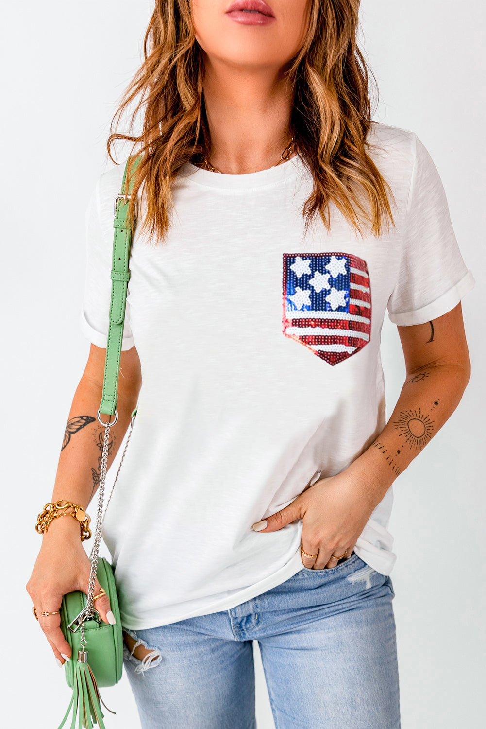 White American Flag Sequin Pocket Patched T Shirt