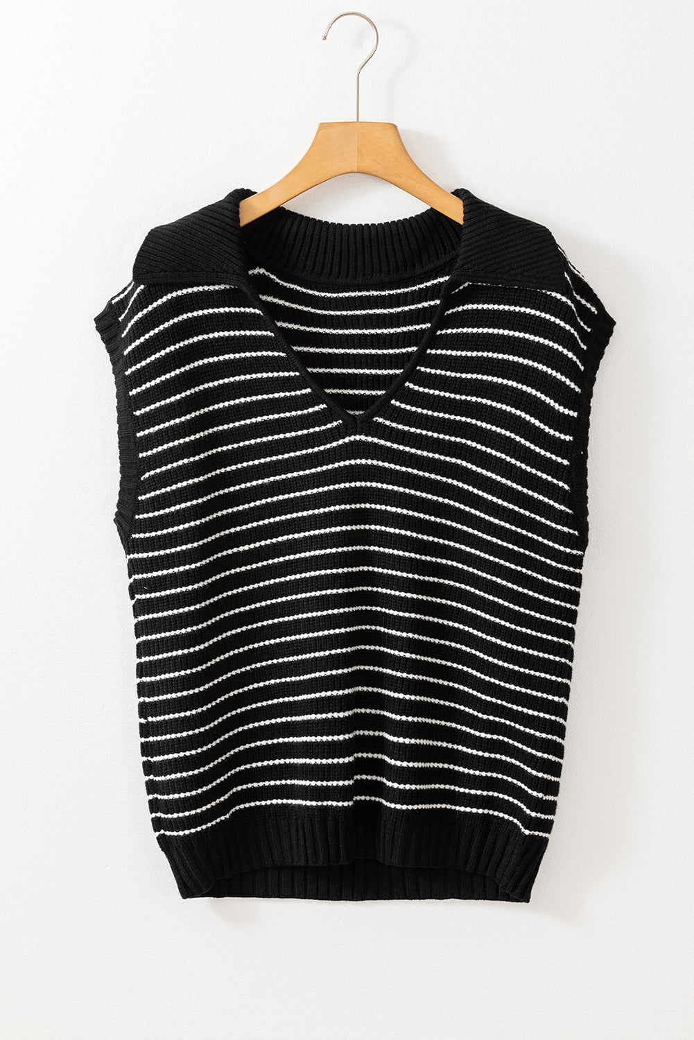 Beige Stripe Turn-down V Neck Sweater Tank Top