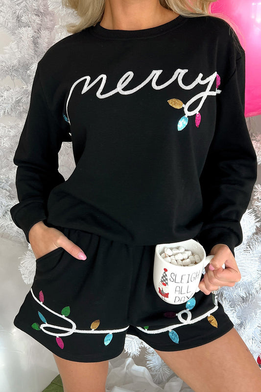 Sequin Merry Graphic Pullover and Shorts Outfit