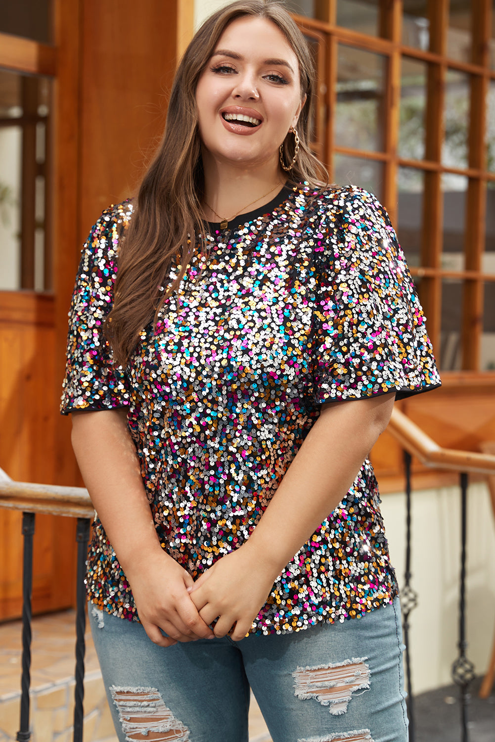 Silvery Vibrant Sequin Plus Size Short Sleeve Top