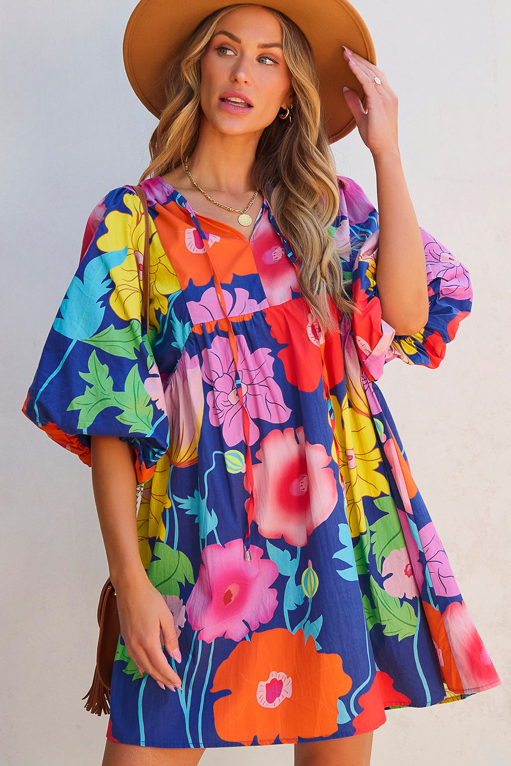 Rose Floral Print Split Neck Babydoll Dress