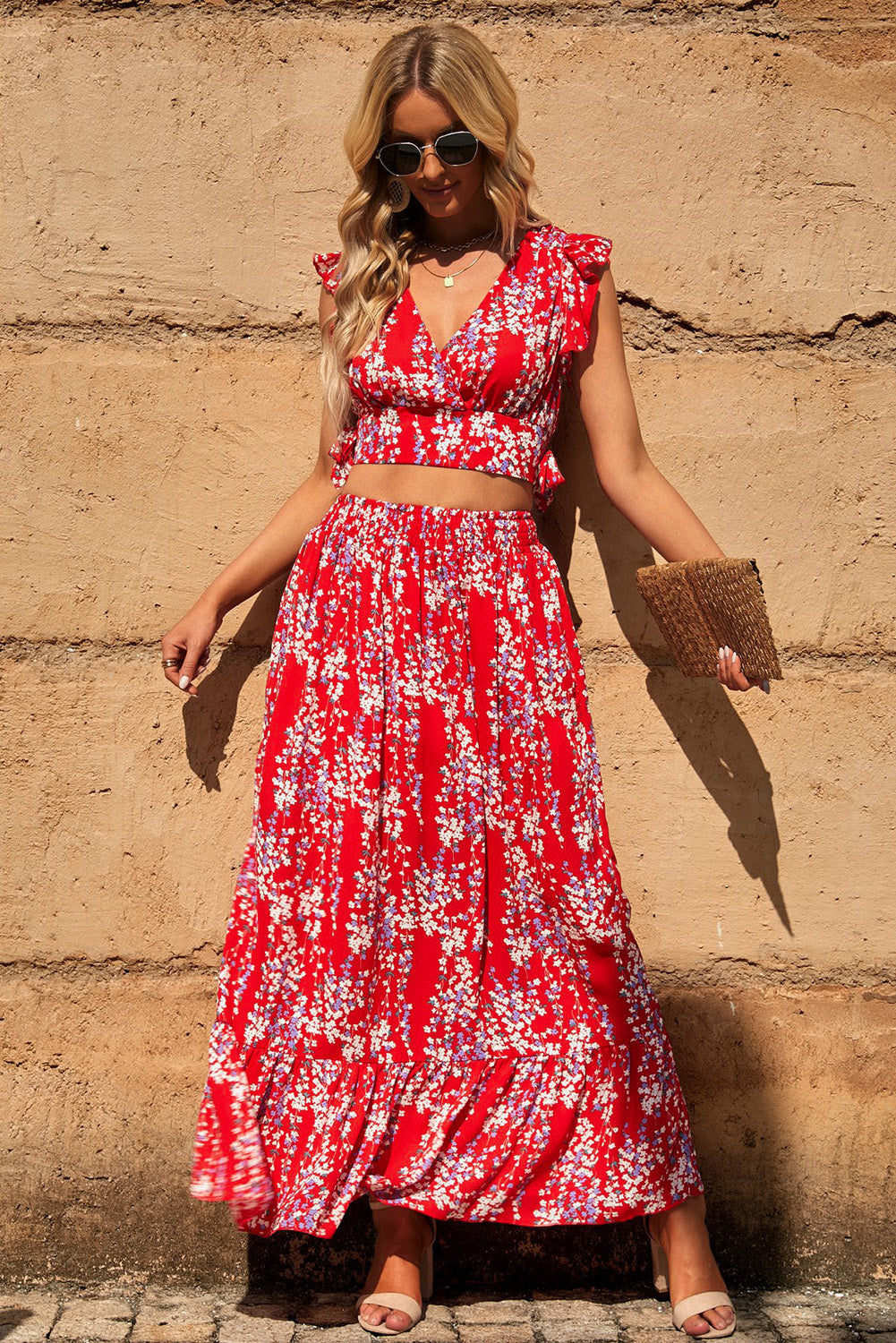 White Floral Ruffled Crop Top and Maxi Skirt Set