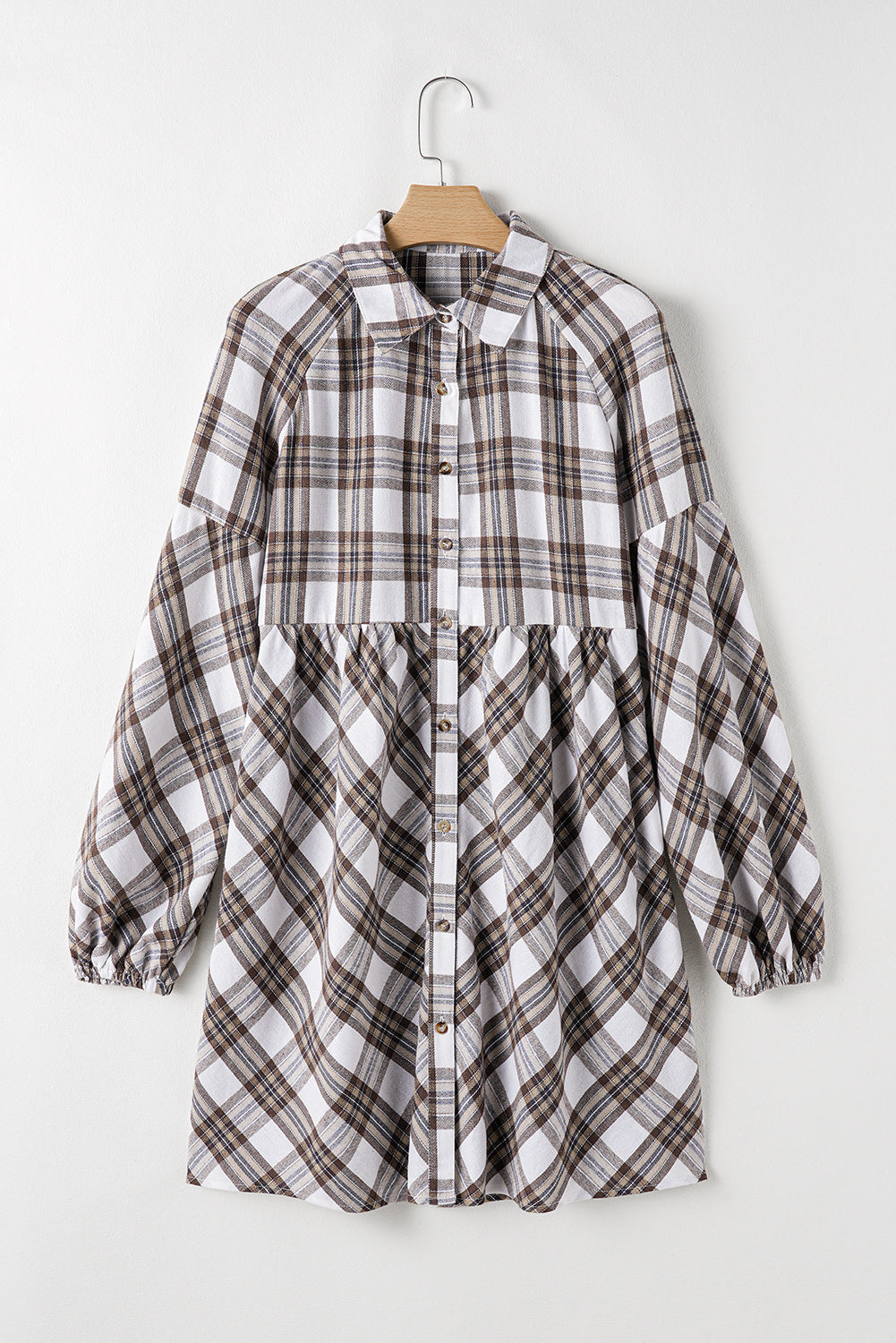 Plaid Bubble Sleeve Flowy Shirt Dress