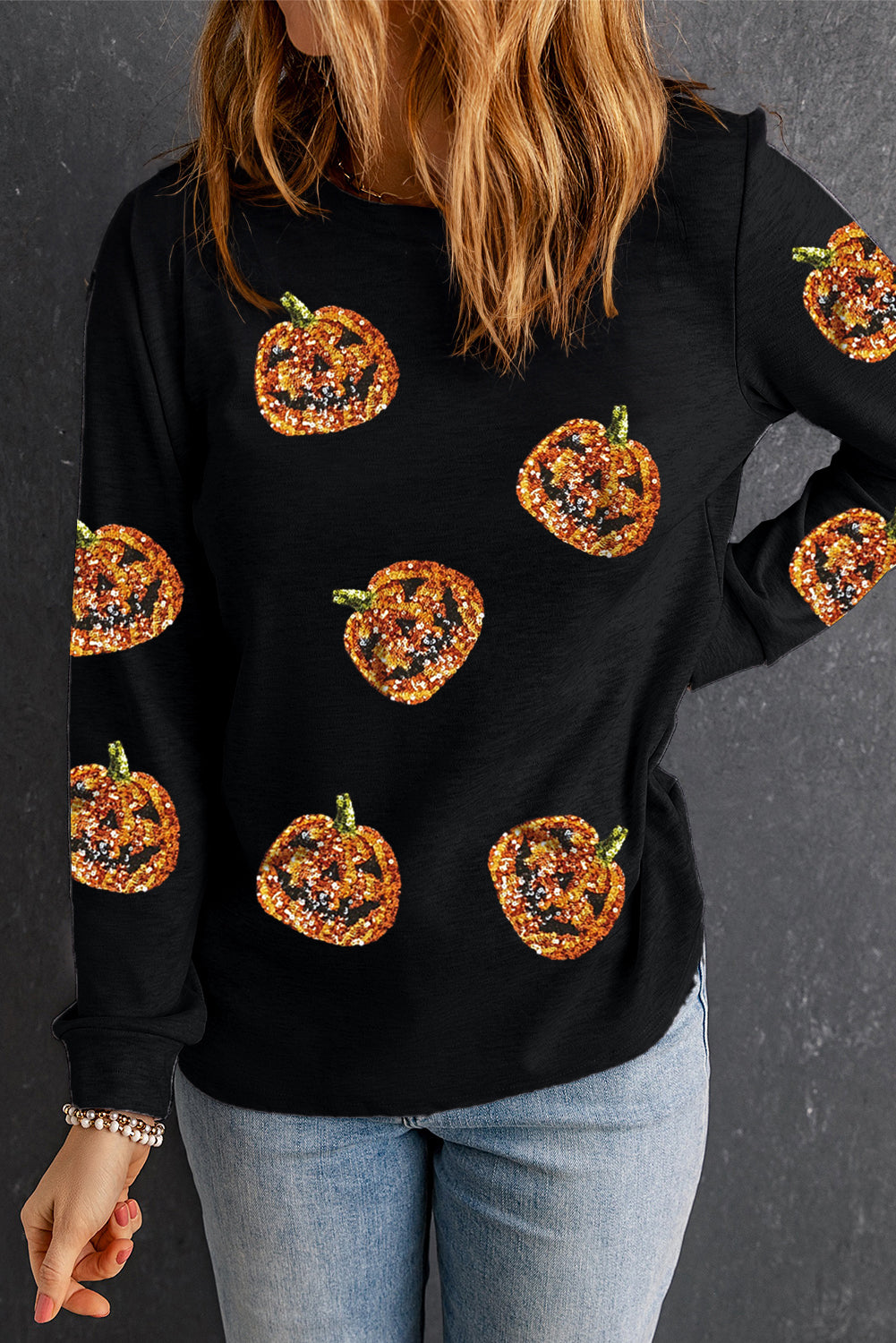 Halloween Sequin Pumpkin Face Pullover Long Sleeve Top