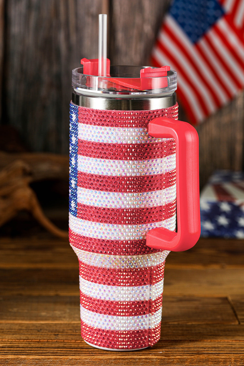 Rhinestone American Flag Print Handled 40oz Thermos Tumbler