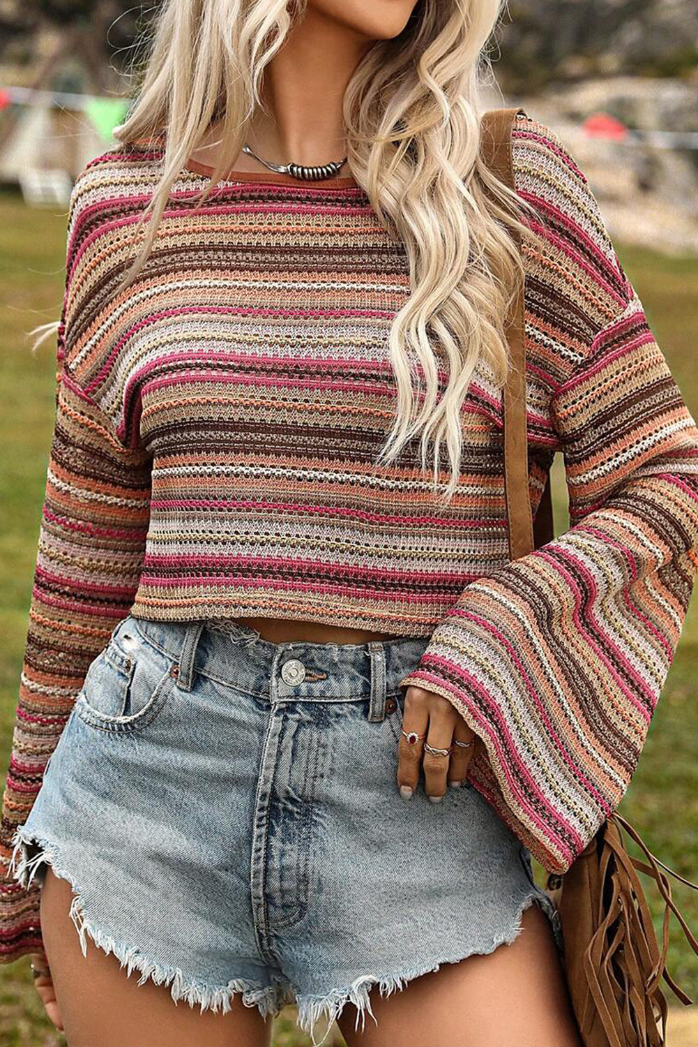 Ethnic Striped Wide Cropped Long Sleeve Top