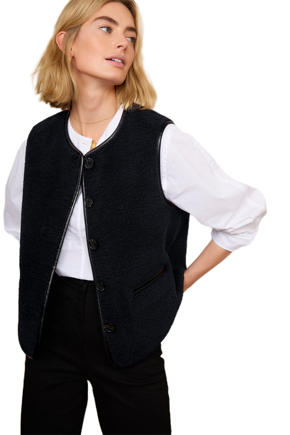 Leather Contrast Side Pockets Buttoned Fleece Vest