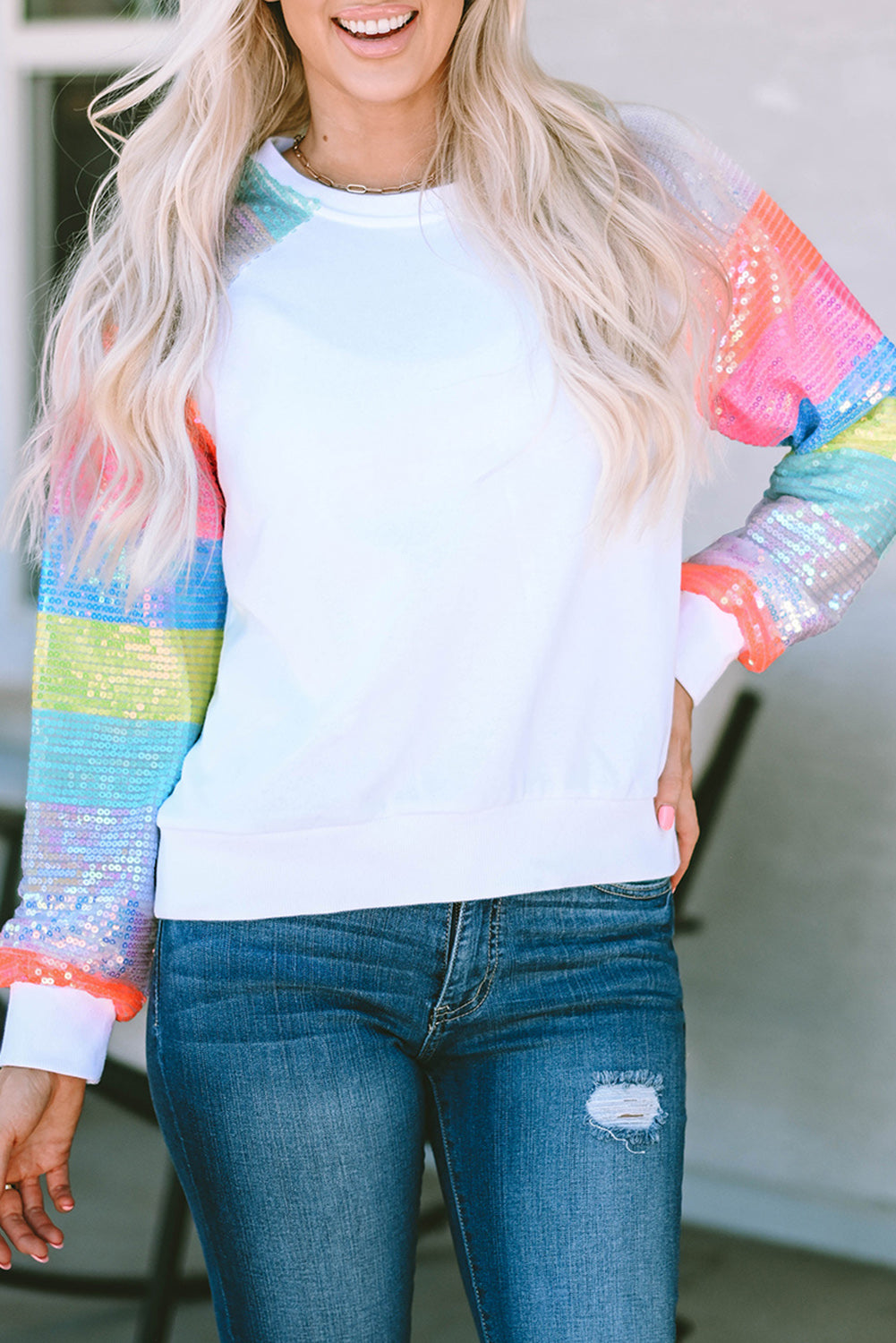 White Sequin Color Block Raglan Sleeve Pullover Sweatshirt