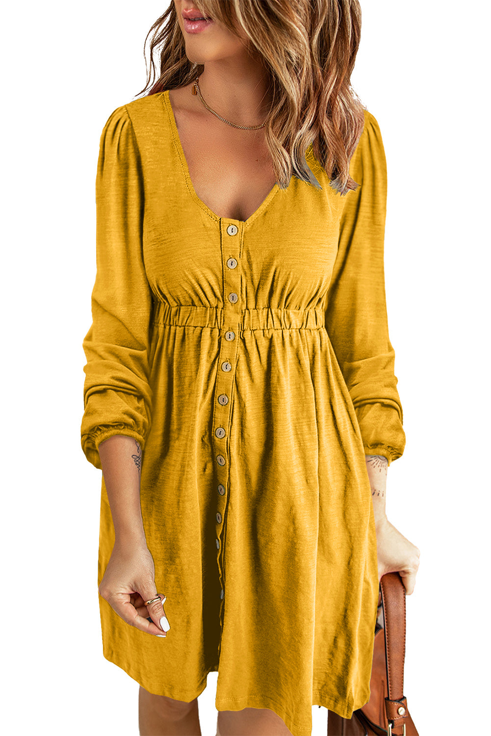 Green Button Up High Waist Long Sleeve Dress