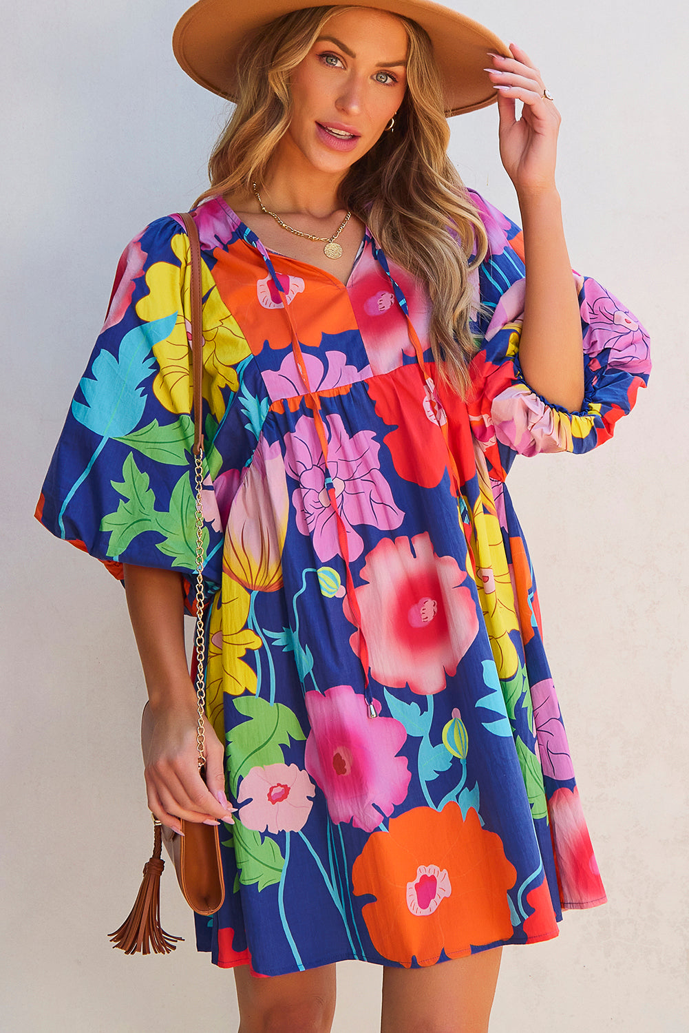 Rose Floral Print Split Neck Babydoll Dress