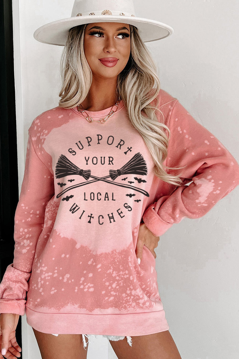 Support Your Local Witches Pink Bleached Crewneck Sweatshirt