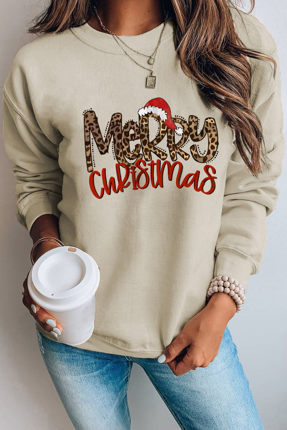 Merry Christmas Hat Leopard Print Graphic Sweatshirt