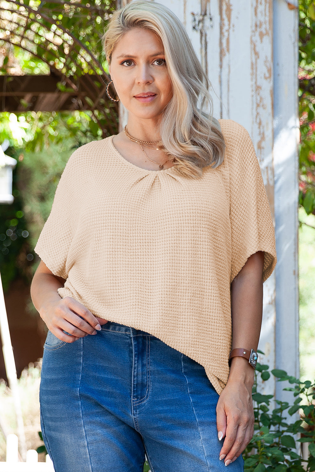 Beige Guipure Lace Insert Textured Plus Size Tee