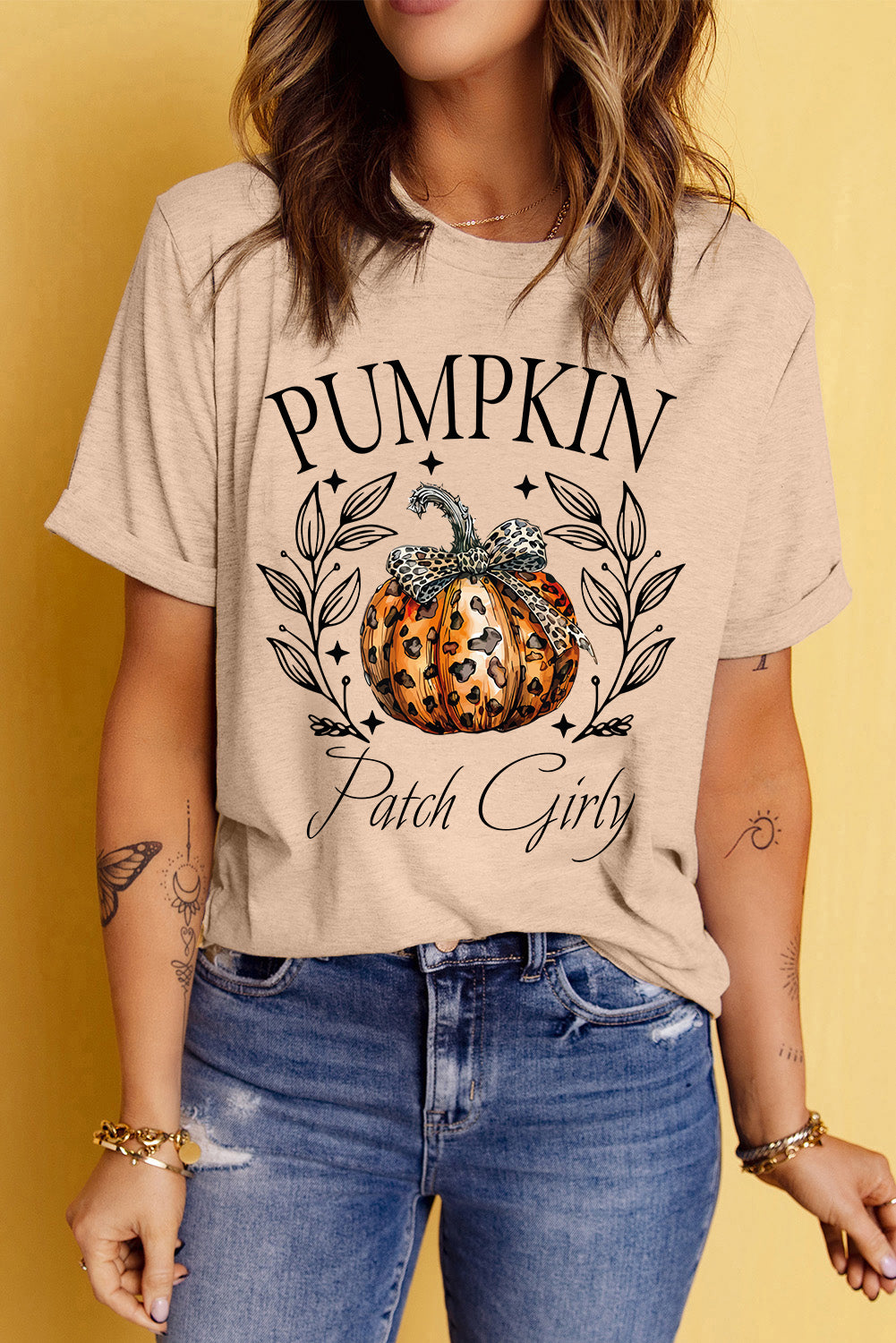 Pumpkin Patch Girly Leopard Bowknot Pumpkin Graphic T Shirt