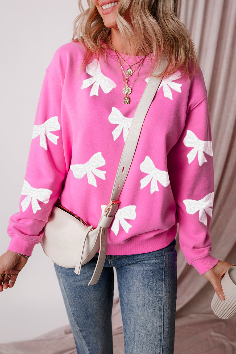 Sequin Bowknot Graphic Drop Shoulder Pullover Sweatshirt