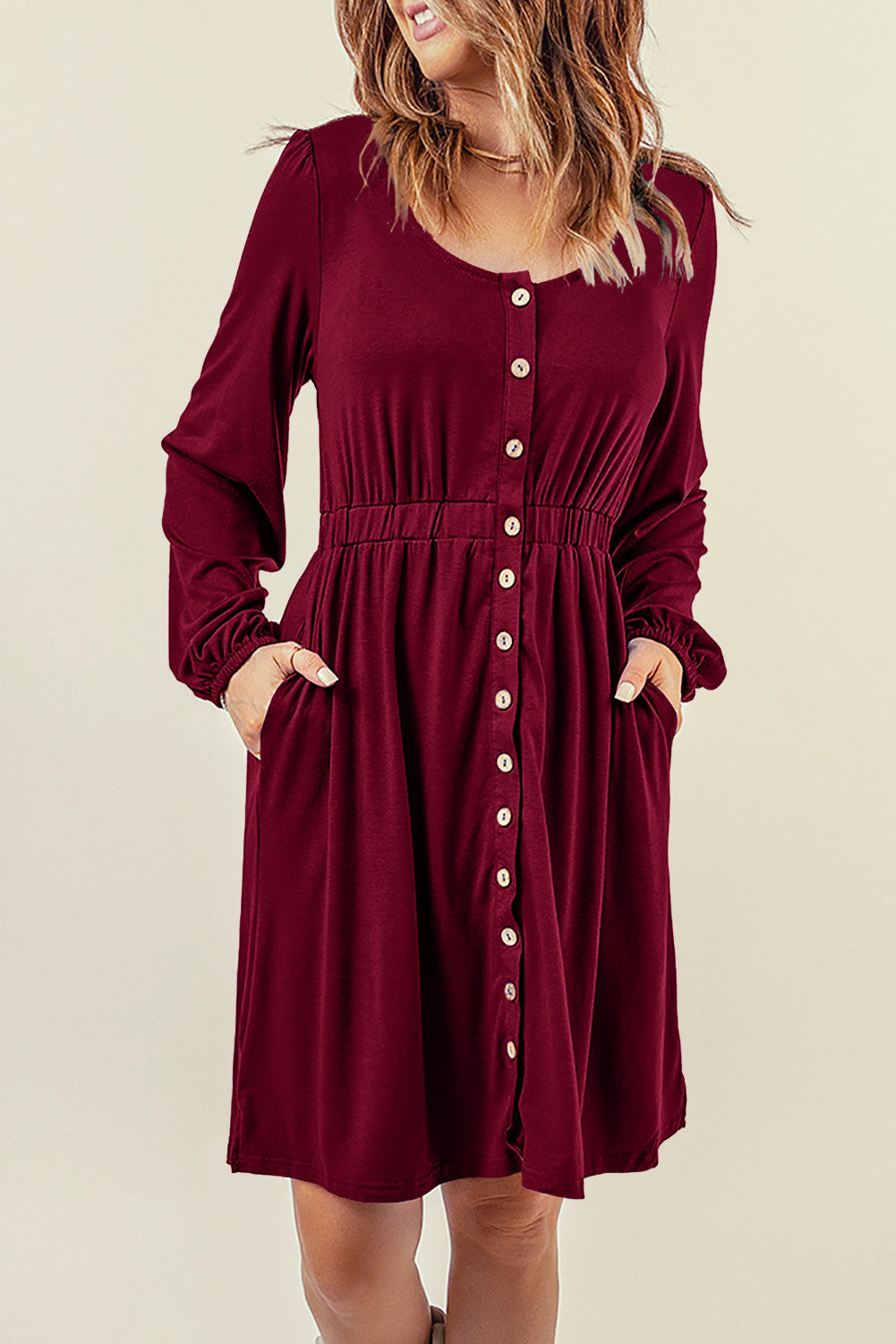 Green Button Up High Waist Long Sleeve Dress