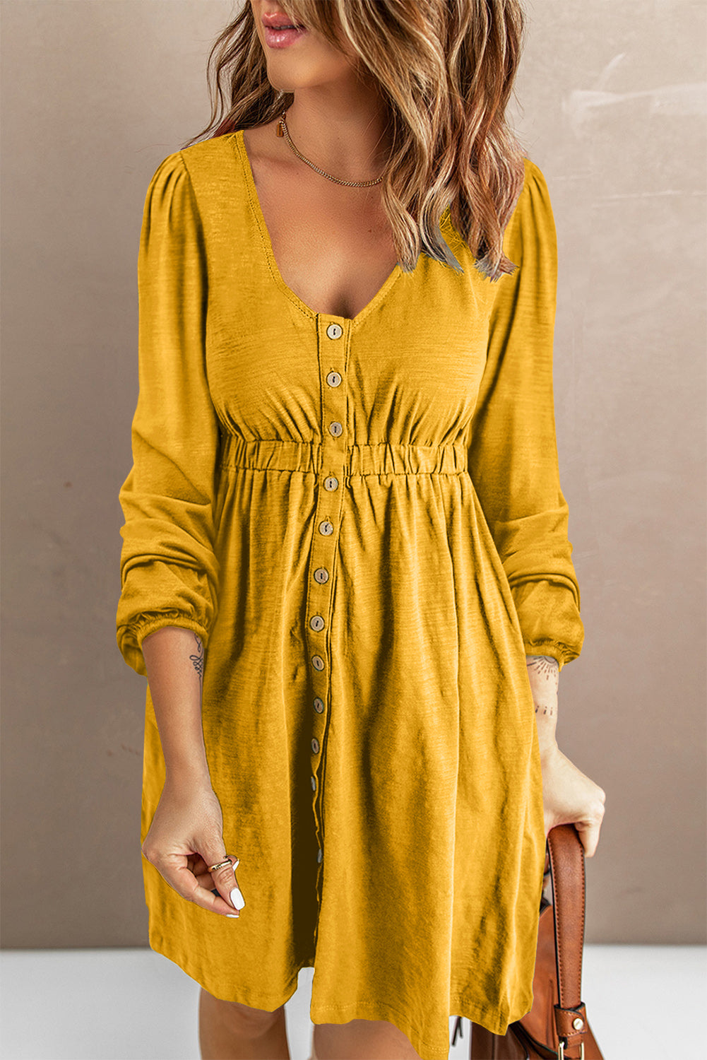 Green Button Up High Waist Long Sleeve Dress