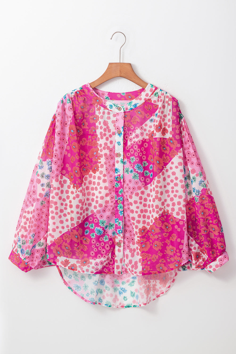 Floral Allover Print Buttoned V Neck Oversized Shirt