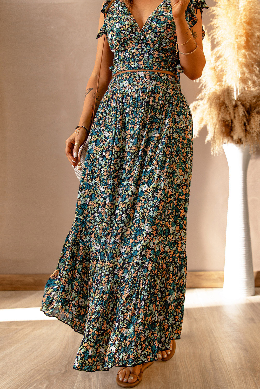 White Floral Ruffled Crop Top and Maxi Skirt Set