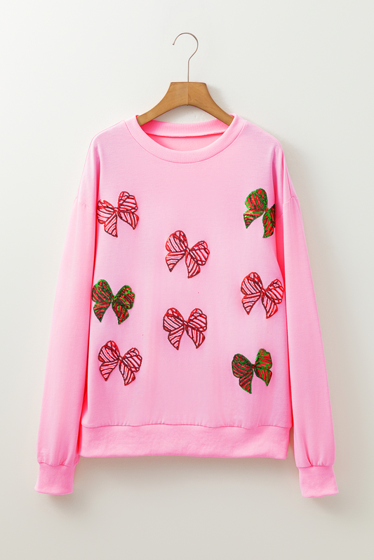 Sequin Bowknot Patched Graphic Christmas Sweatshirt