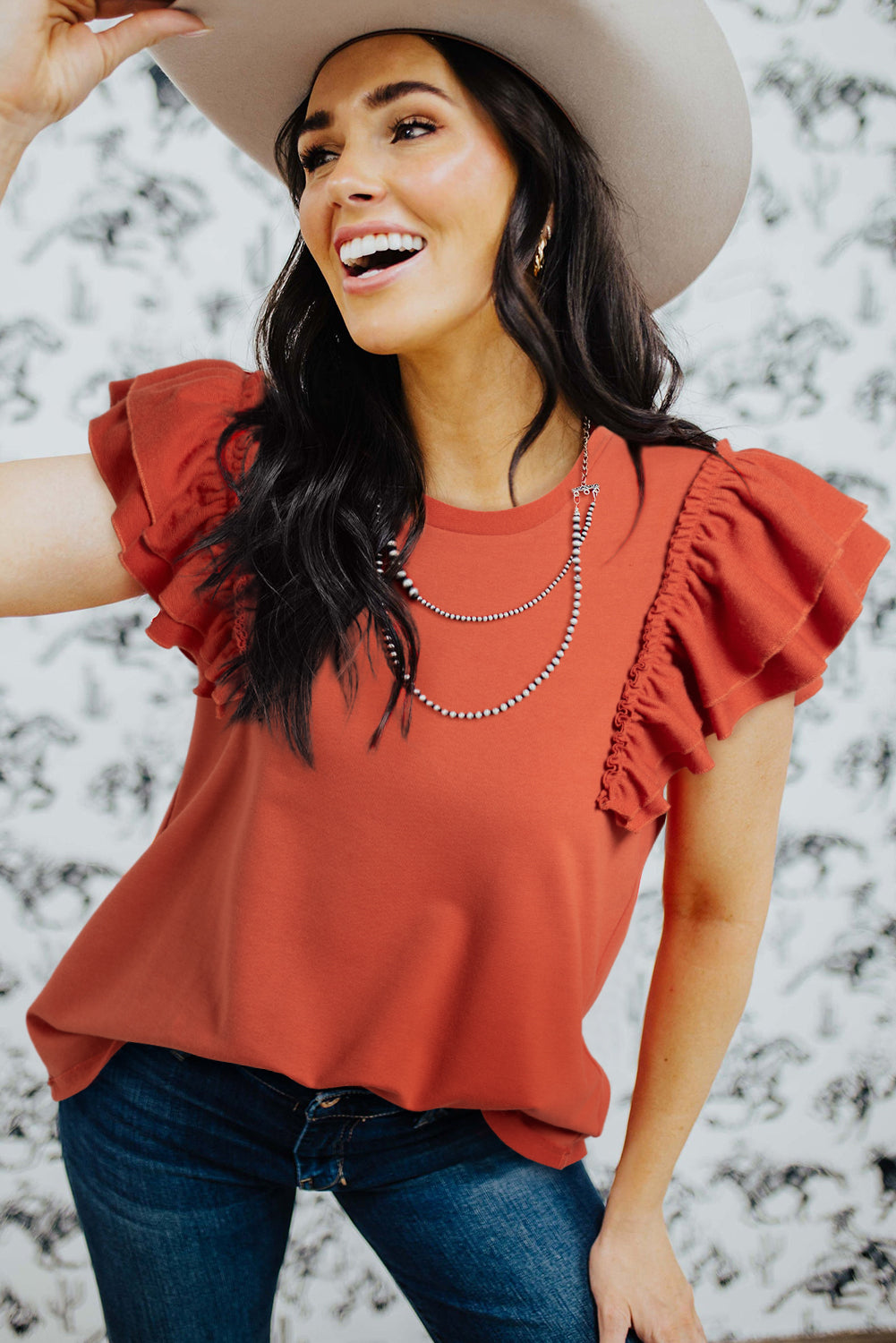 Orange Tiered Ruffled Sleeve Crew Neck T Shirt