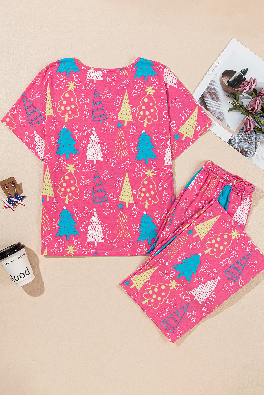 Christmas Tree Print V Neck Tee and Pants Lounge Set