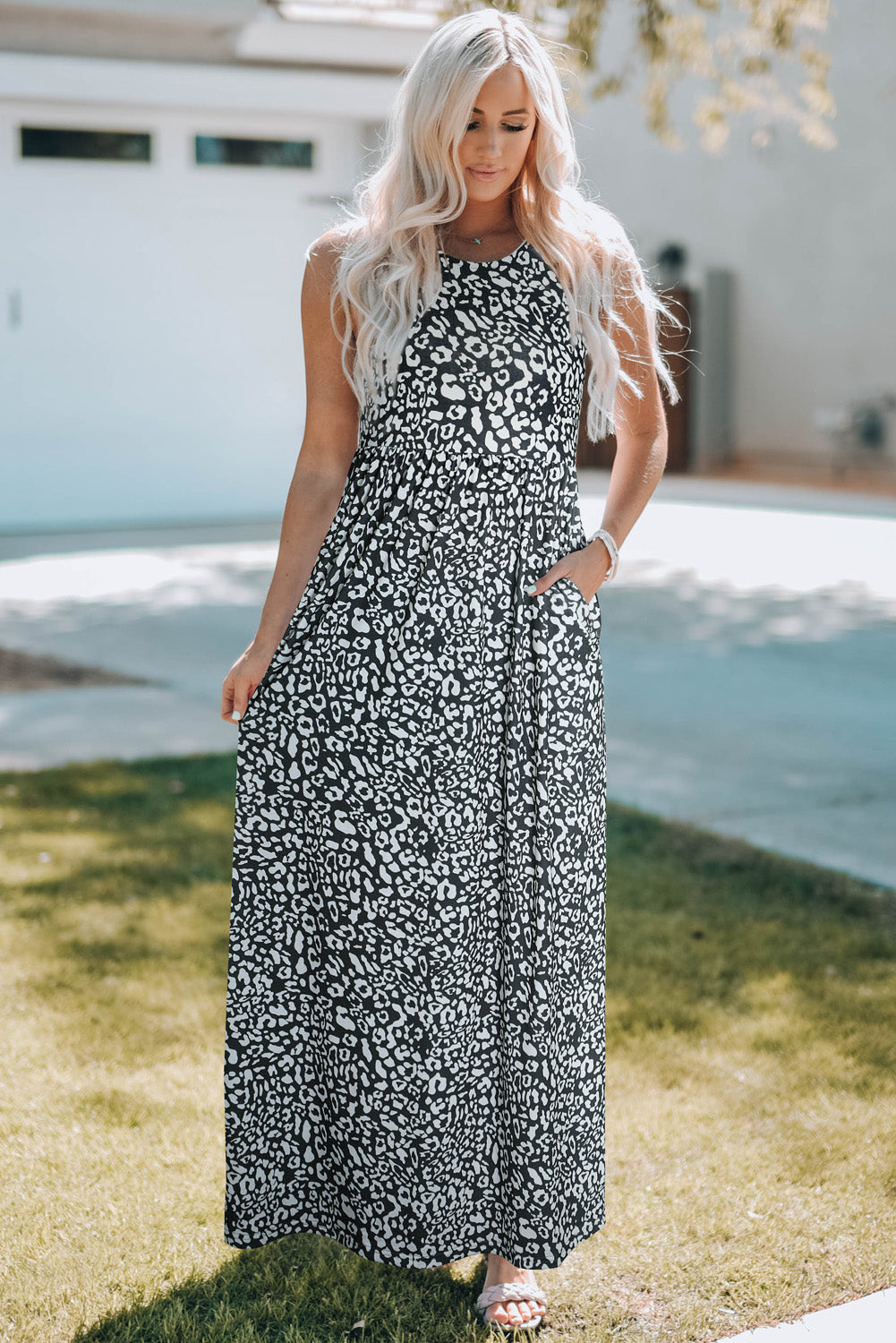 Pink Leopard Print Pocketed Sleeveless Maxi Dress