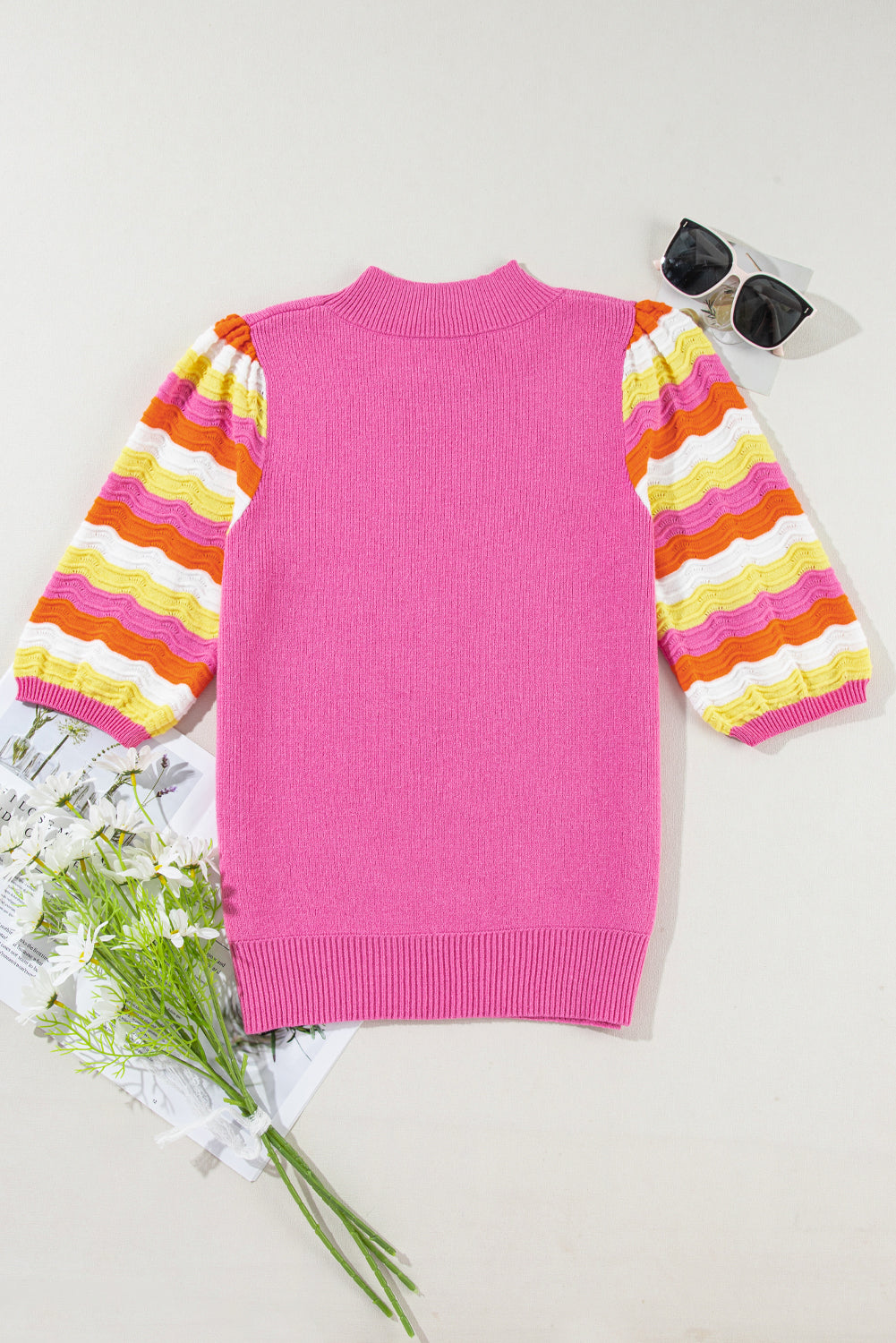 Ribbed Knit Contrast Sleeve Sweater Top