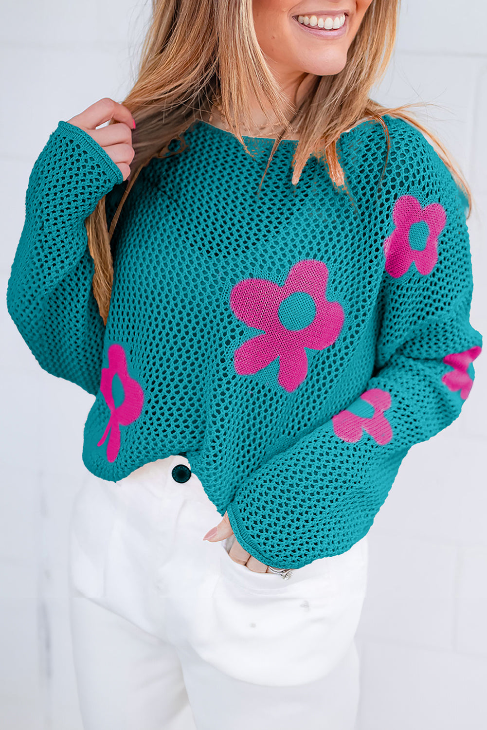 Flower Hollowed Knit Drop Shoulder Sweater